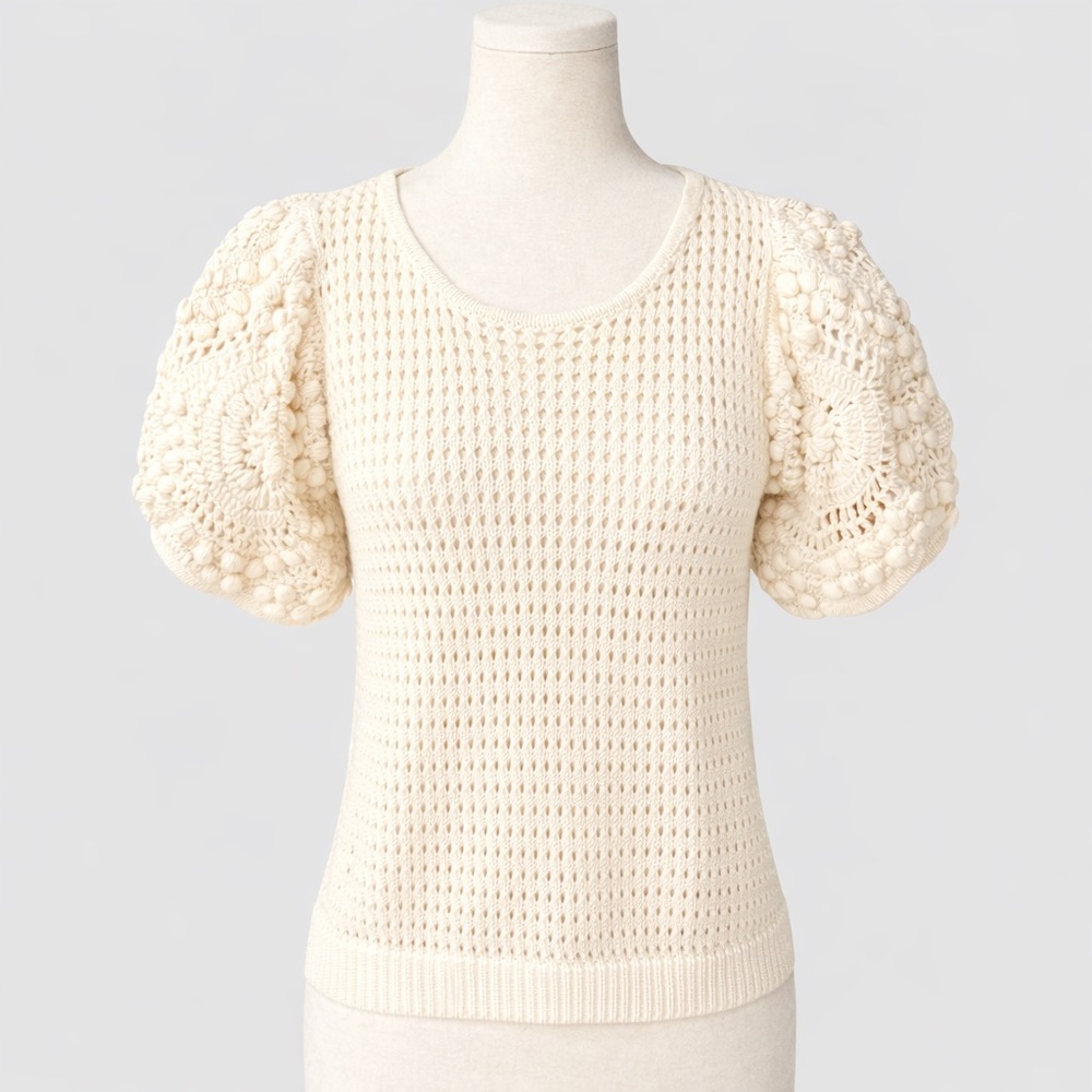 Stella Pardo Greta Cream Crochet Puff Sleeve Knit Top S